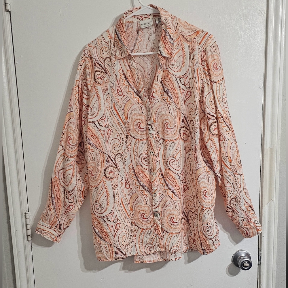 Rachel Zoe Linen Button Down Shirt Womens XL Paisley Roll Tab Coastal Boho Beach